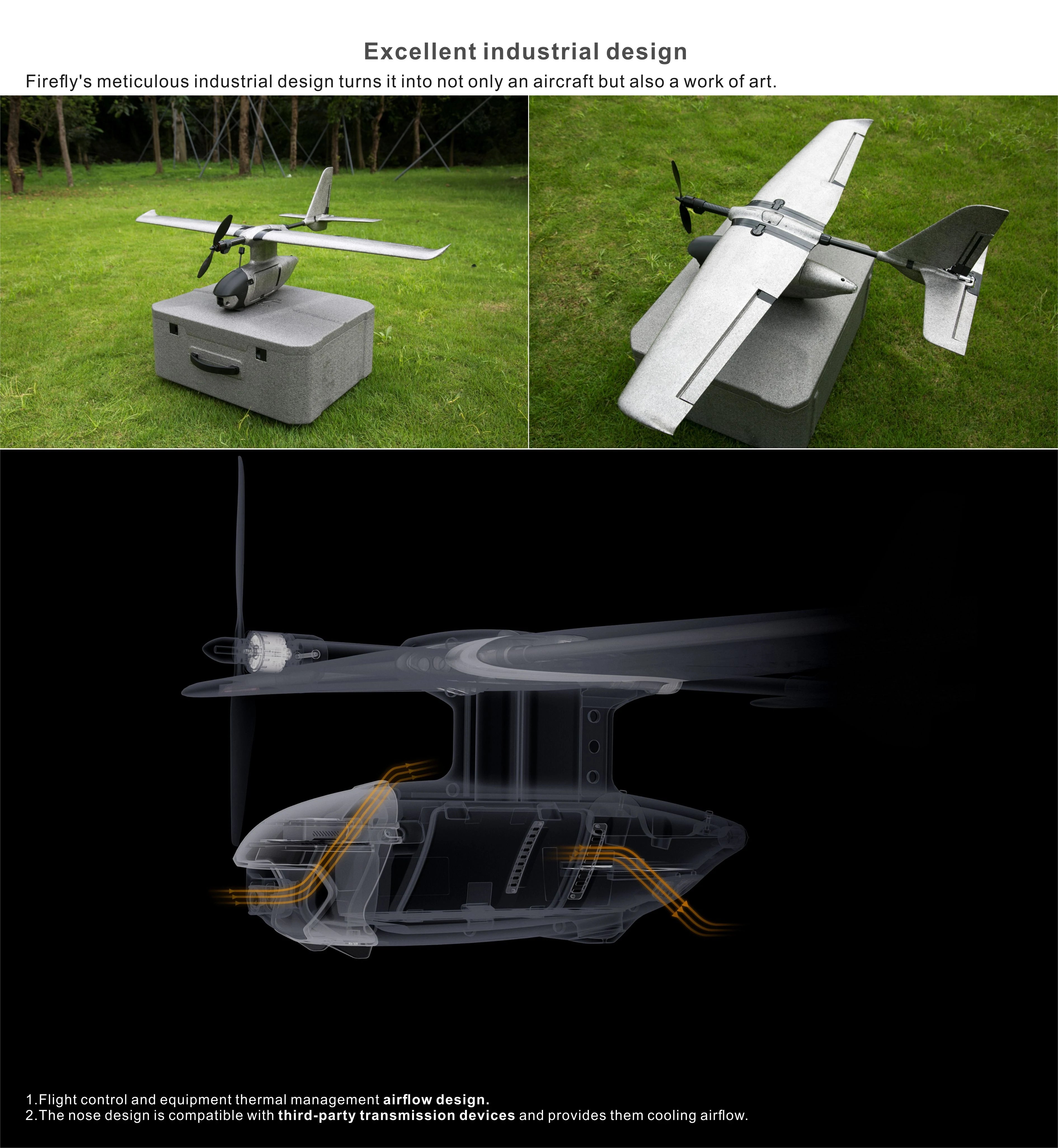 HAOHAN Firefly Modular & Multi-Mount FPV Patrol Drone Support VTOL 1080mm Wingspan EPP RC Airplane PNP / SEMI Version Firefly's sleek design combines functionality with artistry, featuring intelligent airflow management and compatibility with third-party transmission devices.