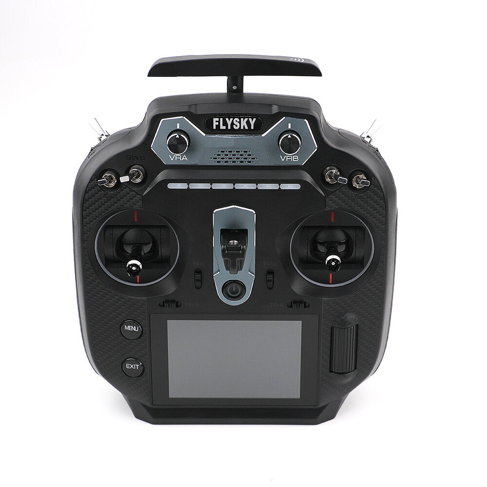 Flysky FS-ST16 transmitter with top carry handle/antenna mounted, front view on white background