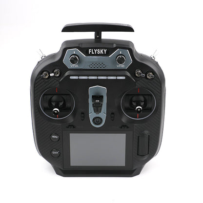Flysky FS-ST16 transmitter with top carry handle/antenna mounted, front view on white background