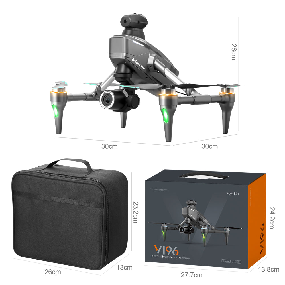 V196 Drone, Drone accessories include remote controller, battery, spare blades, USB cable, screwdriver, and manual.