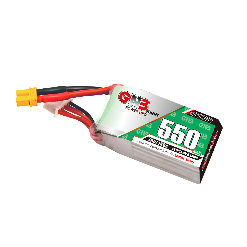 GNB 550mAh 4S LiPo battery angled view showing XT30 connector and balance plug