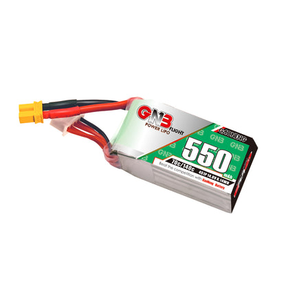 GNB 550mAh 4S LiPo battery angled view showing XT30 connector and balance plug
