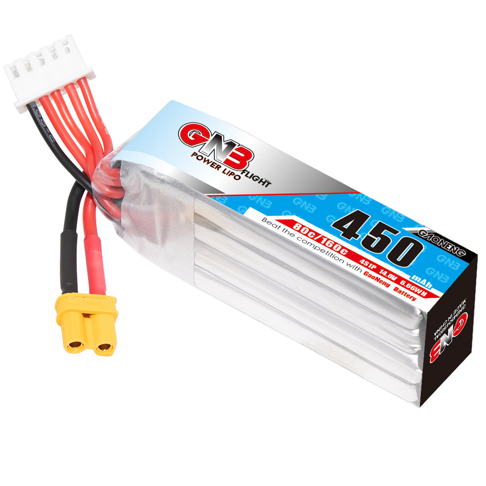 GNB 450mAh 4S LiPo battery angled view showing XT30 plug and white balance connector
