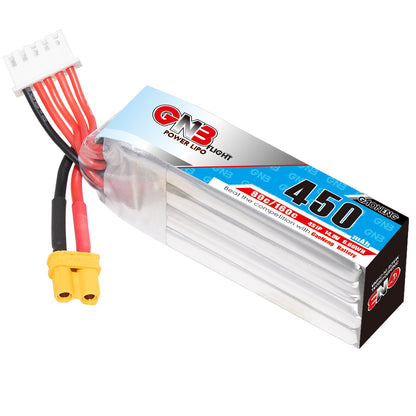 GNB 450mAh 4S LiPo battery angled view showing XT30 plug and white balance connector