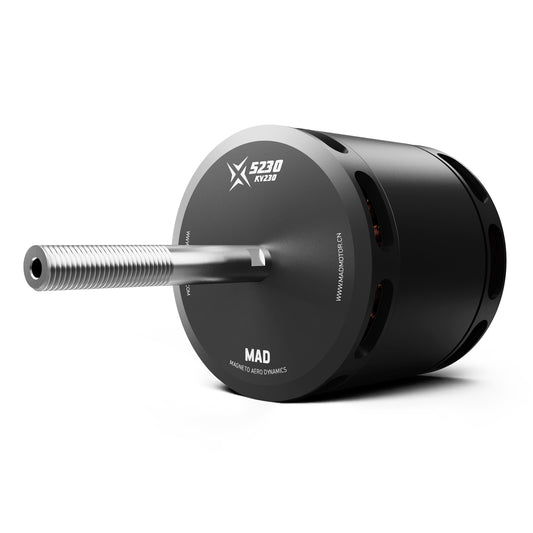 MAD X5230 KV230 brushless drone motor with long threaded shaft, black cylindrical housing