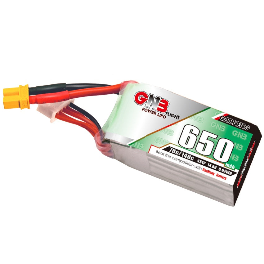 GNB 4S 14.8V 650mAh 70C XT30 LiPo battery angled view showing wiring and shrink wrap