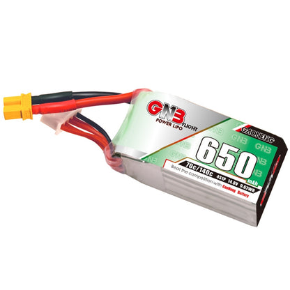 GNB 4S 14.8V 650mAh 70C XT30 LiPo battery angled view showing wiring and shrink wrap