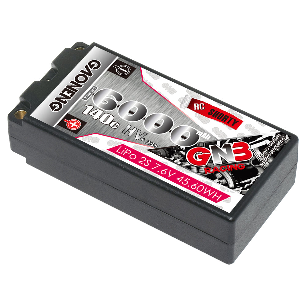 Angled top view of GAONENG GNB 6000mAh 140C LiHV 2S 7.6V shorty hard case battery