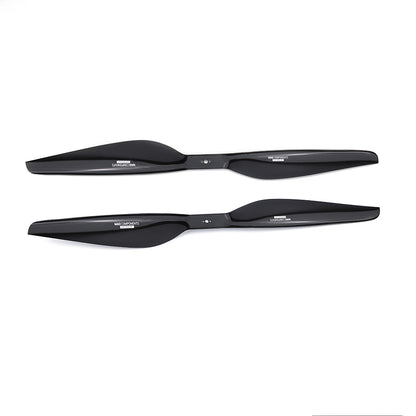 Pair of MAD FLUXER Pro Shine glossy black drone propellers with slim 2-blade design and center mounting holes