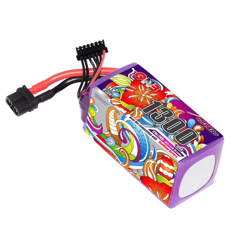 Single GNB 1300mAh LiHV LiPo pack angled view showing XT60 connector and balance plug wiring