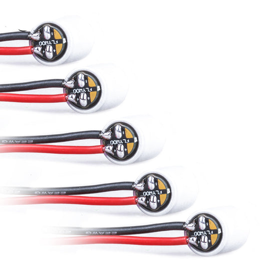 Five Flywoo UNICON UPL 50V 220uF solid capacitors with pre-soldered red/black leads and PCB cap