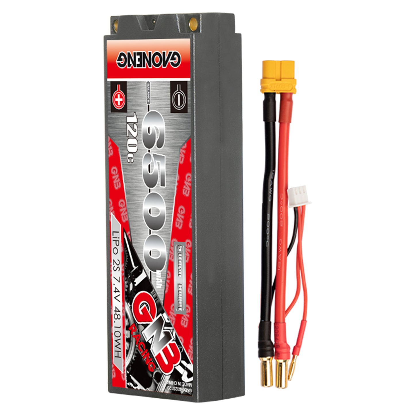 GAONENG GNB 2S 7.4V 6500mAh 120C hard case LiPo battery with XT60 plug, balance lead, 5mm bullets