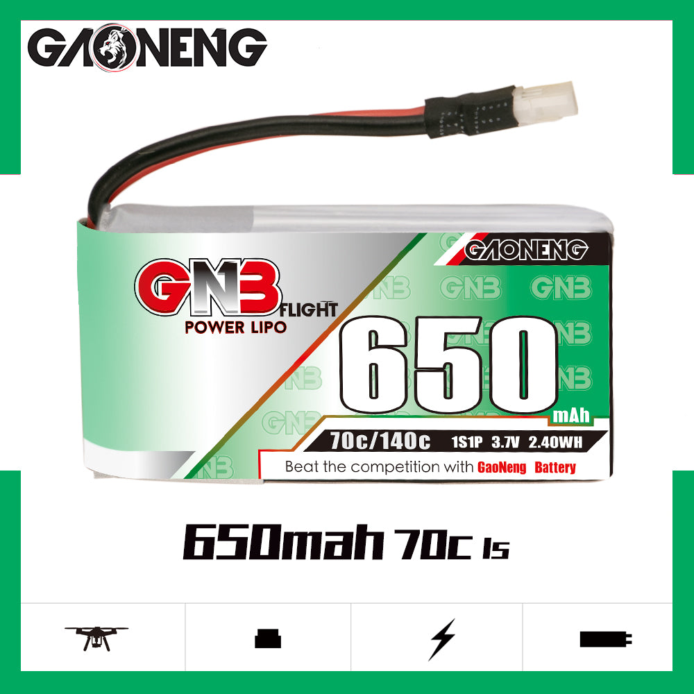 GNB 650mAh 70C 1S LiPo battery product graphic showing capacity and discharge rating on label