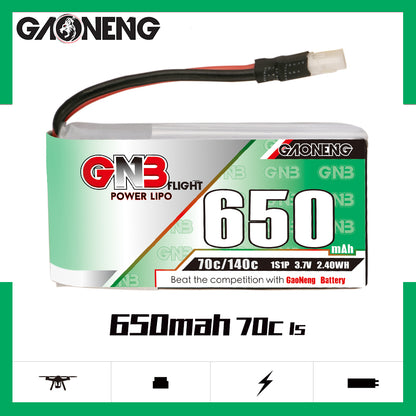 GNB 650mAh 70C 1S LiPo battery product graphic showing capacity and discharge rating on label