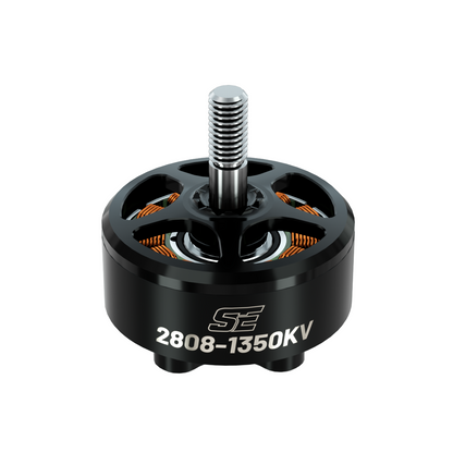 BrotherHobby SE 2808 1350KV CW Brushless Motor, BrotherHobby SE 2808-1350KV brushless motor with black housing, visible copper windings, and threaded shaft