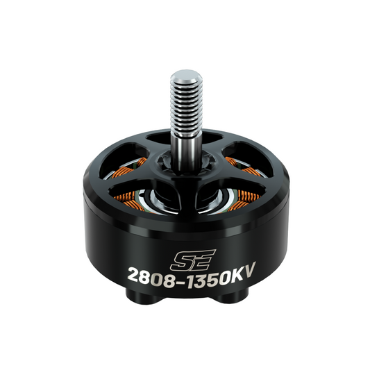 BrotherHobby SE 2808 1350KV CW Brushless Motor, BrotherHobby SE 2808-1350KV brushless motor with black housing, visible copper windings, and threaded shaft