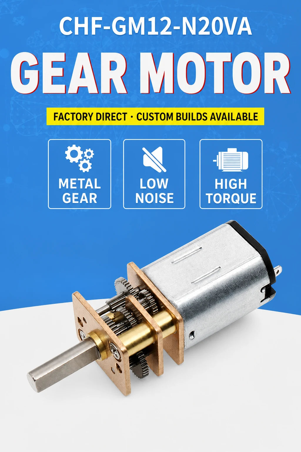 GM12-N20 gear motor banner with feature icons