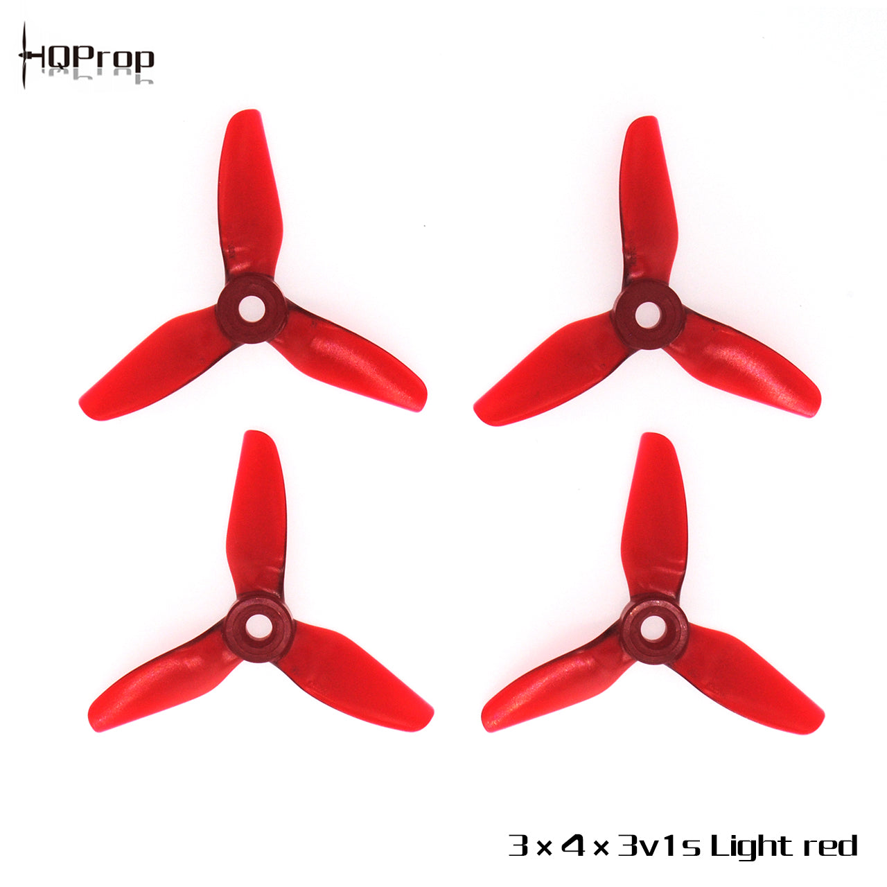 Light red 3-blade drone propellers, 3x4x3v1s style, four pieces shown on white background