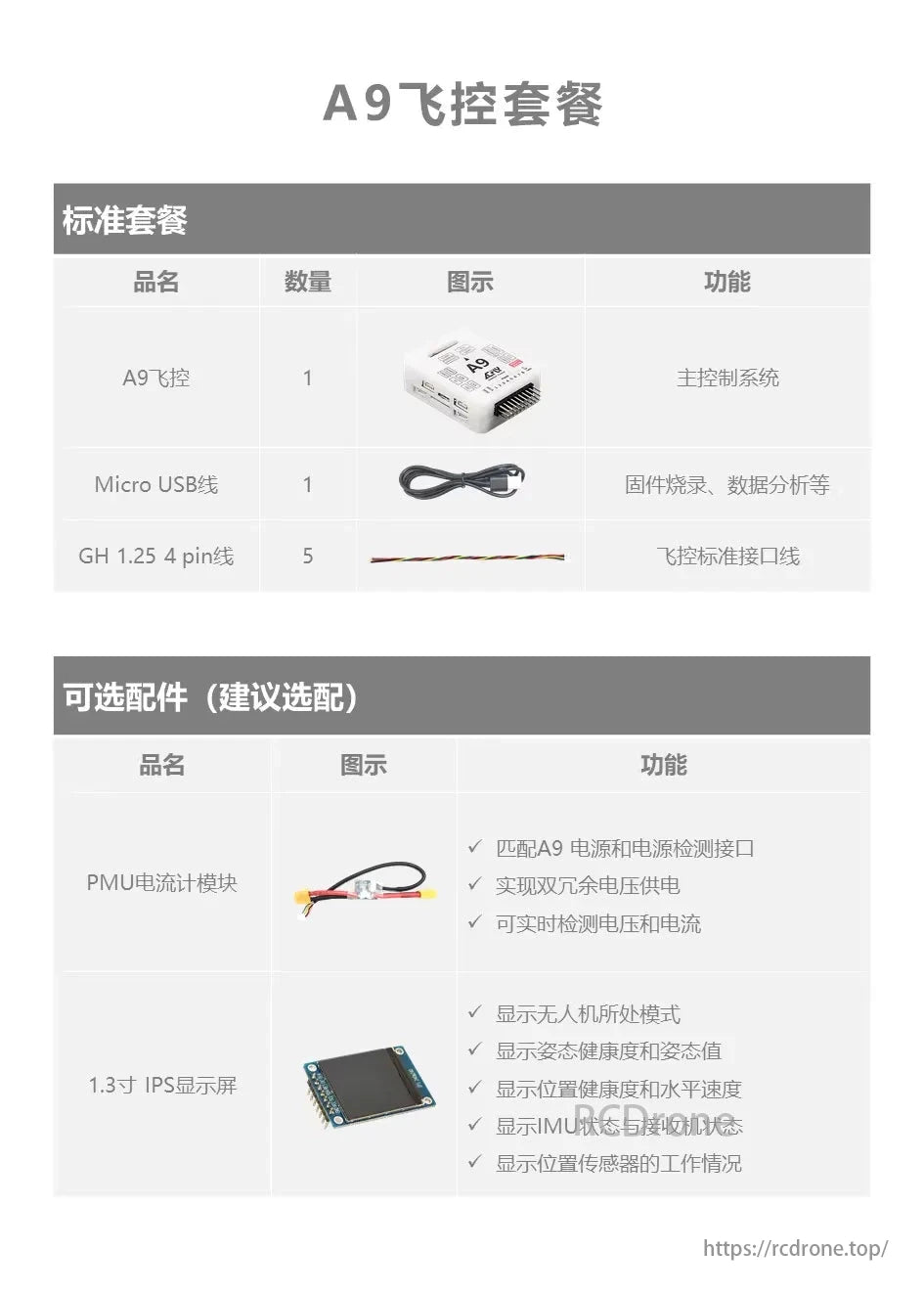 ACFLY A9 Multirotor Autopilot Flight Controller, The flight control kit includes an A9 controller, USB cable, and GH 1.25 4-pin lines. Optional PMU module and 1.3-inch display provide power monitoring and status information.