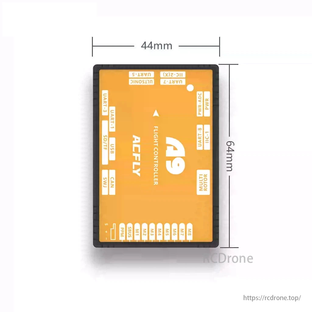 ACFLY A9 Multirotor Autopilot Flight Controller, ACFLY A9 flight controller, 44x64mm, supports UART, I2C, USB, SD/TF, CAN, PPM, SBUS. Open-source UAV controller for developers and industrial applications.