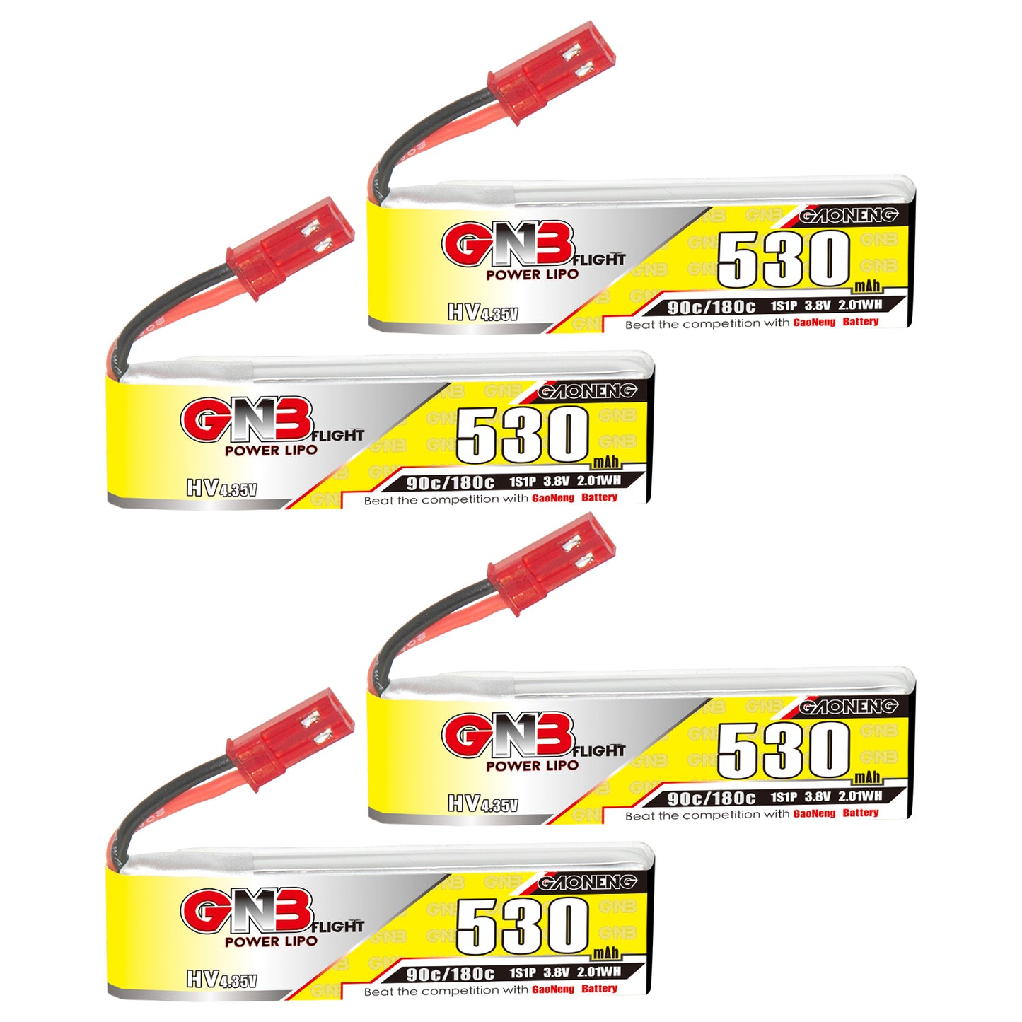 GAONENG GNB 1S 3.8V 530mAh 90C LiHV LiPo Battery 4-pack front label view with red JST connector