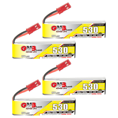 GAONENG GNB 1S 3.8V 530mAh 90C LiHV LiPo Battery 4-pack front label view with red JST connector