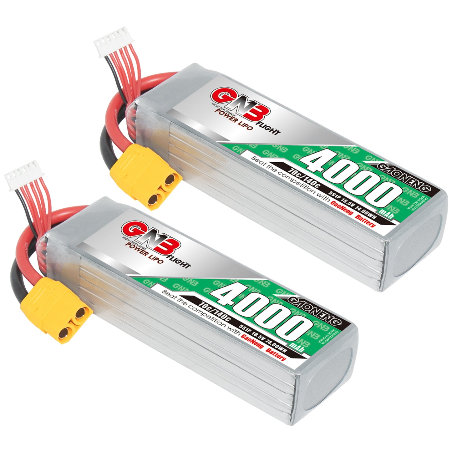 Pair of GAONENG GNB 5S 18.5V 4000mAh 70C LiPo batteries shown together with XT90 connectors