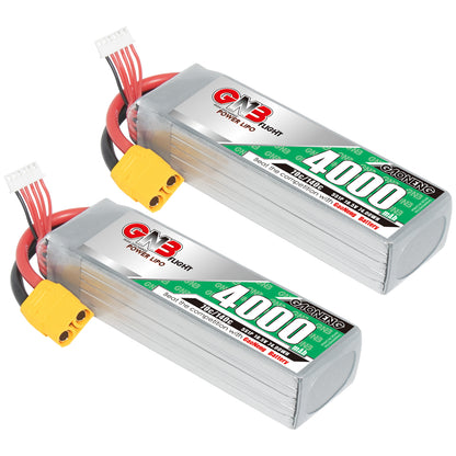 Pair of GAONENG GNB 5S 18.5V 4000mAh 70C LiPo batteries shown together with XT90 connectors