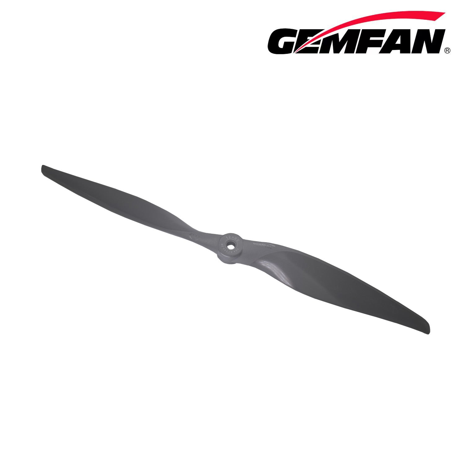 Angled view of dark gray Gemfan Vortex 12x8 propeller showing blade curvature and hub