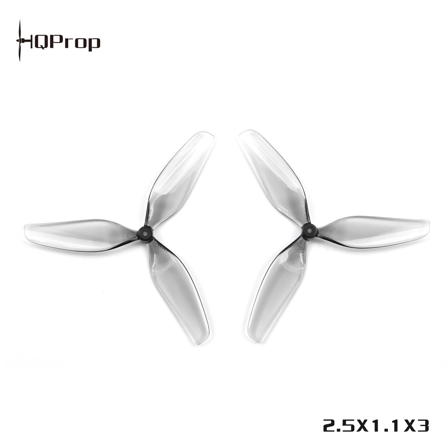 HQProp 2.5x1.1x3 three-blade props, CW and CCW pair shown with printed size marking