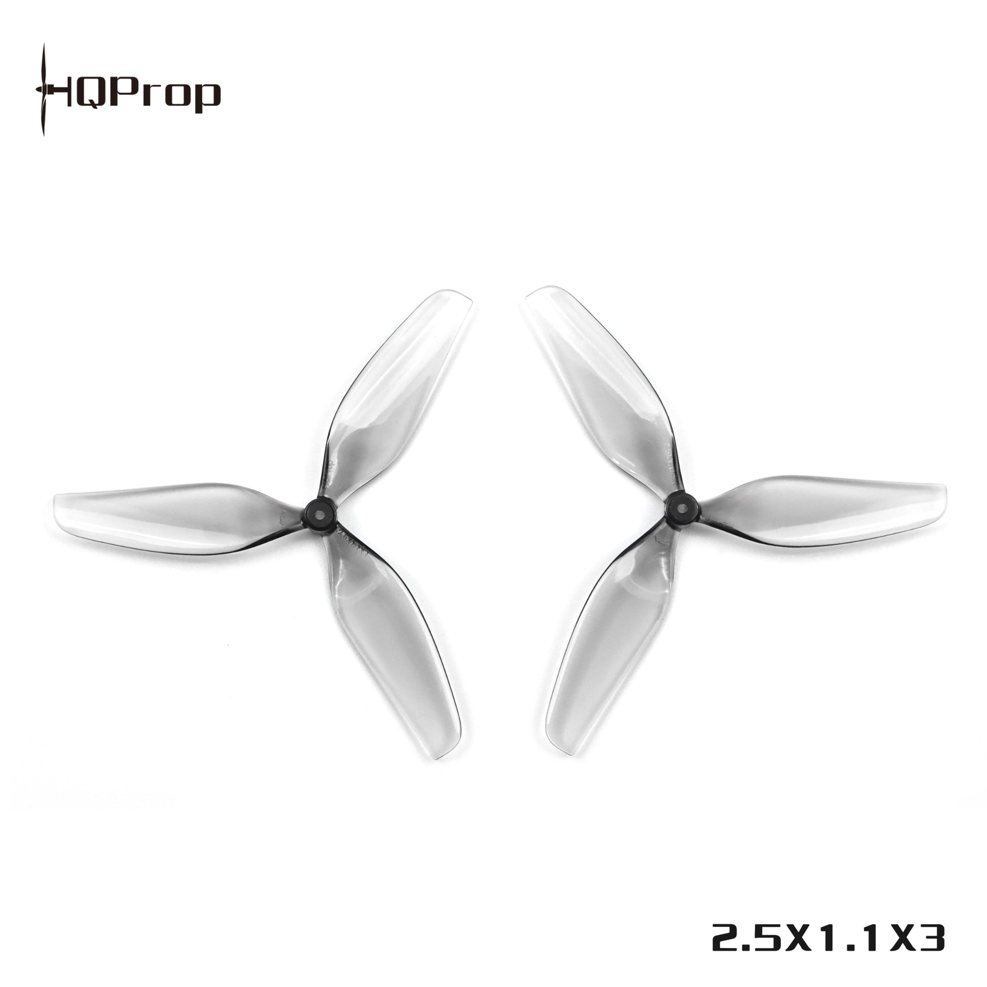 HQProp 2.5x1.1x3 three-blade props, CW and CCW pair shown with printed size marking