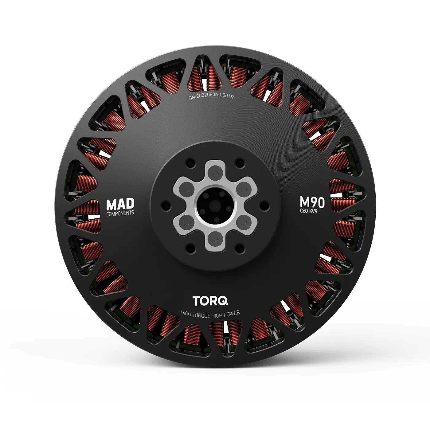 MAD M90C60 EEE 9KV Manned Drone Motor, MAD Components M90C60 KV9 TORQ brushless drone motor with vented housing and central mounting hub