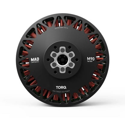 MAD M90C60 EEE 9KV Manned Drone Motor, MAD Components M90C60 KV9 TORQ brushless drone motor with vented housing and central mounting hub