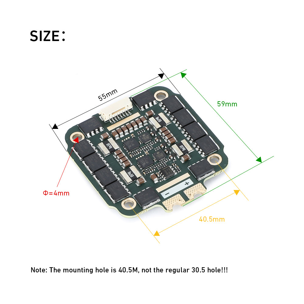 MAD AM32 100A 3-12S 4in1 ESC, MAD AM32 4-in-1 ESC board with size diagram, 59×55 mm layout and 4 mm mounting hole noted
