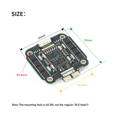 MAD AM32 100A 3-12S 4in1 ESC, MAD AM32 4-in-1 ESC board with size diagram, 59×55 mm layout and 4 mm mounting hole noted