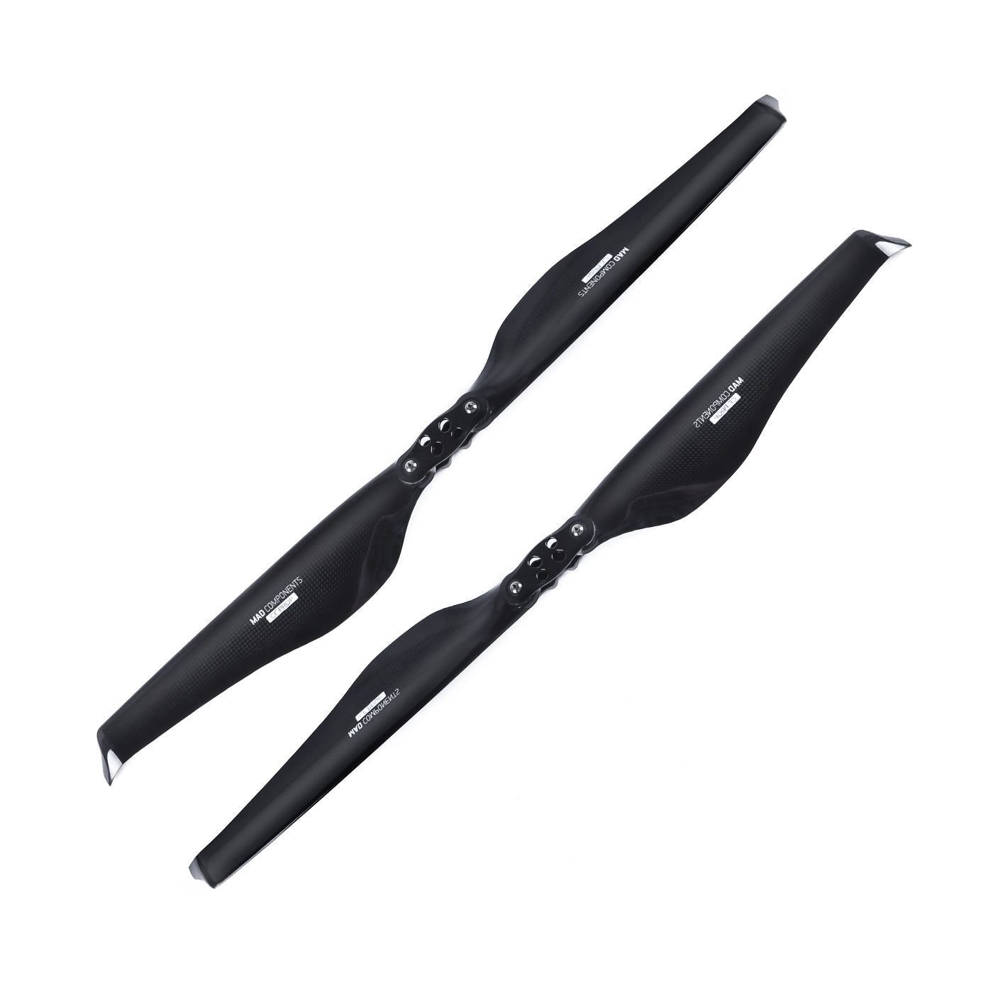 MAD FLUXER Pro glossy carbon fiber folding propeller set with black two-blade design and mounting hub hardware