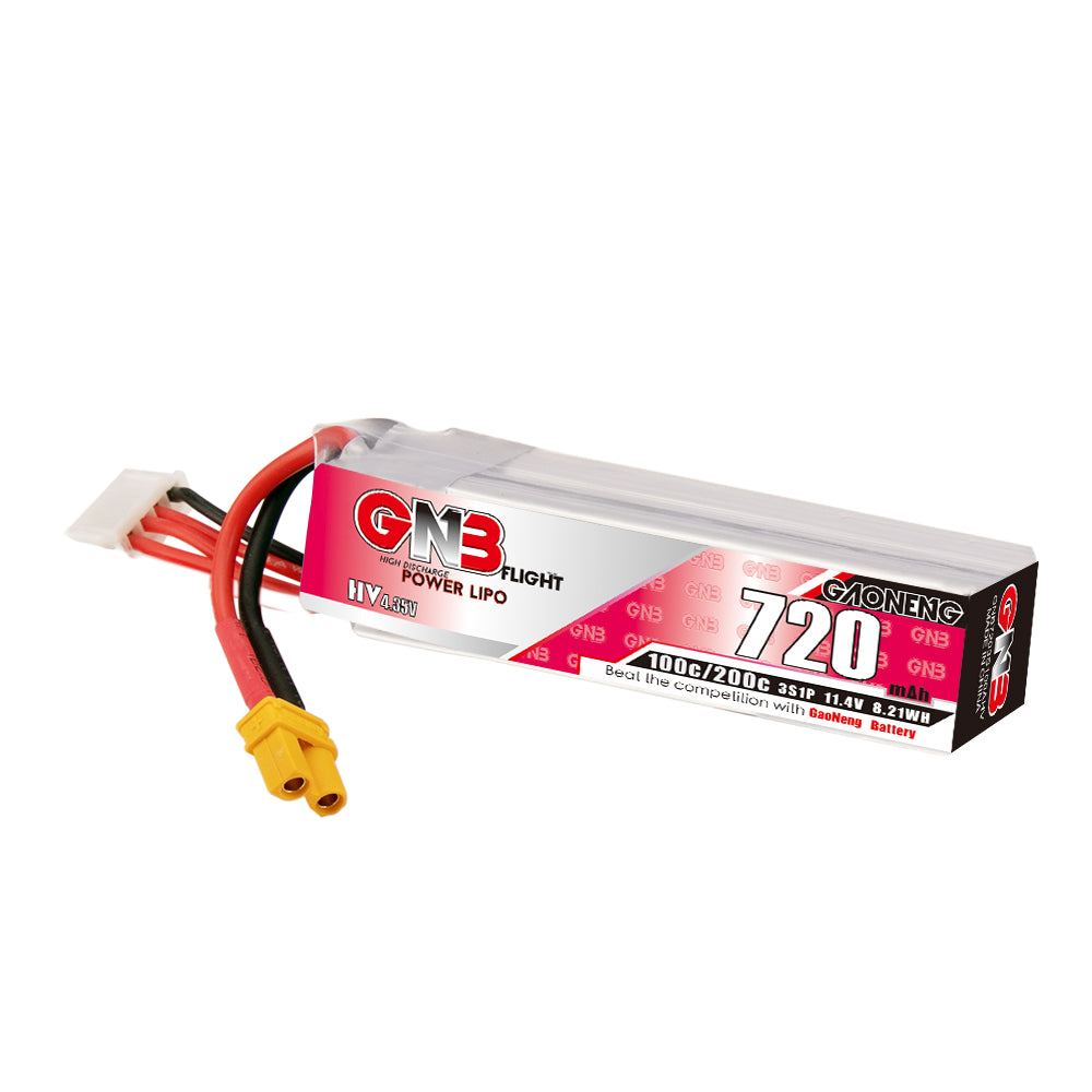 GNB 3S 720mAh LiHV 11.4V 100C LiPo battery on white, side view with XT30 and balance plug