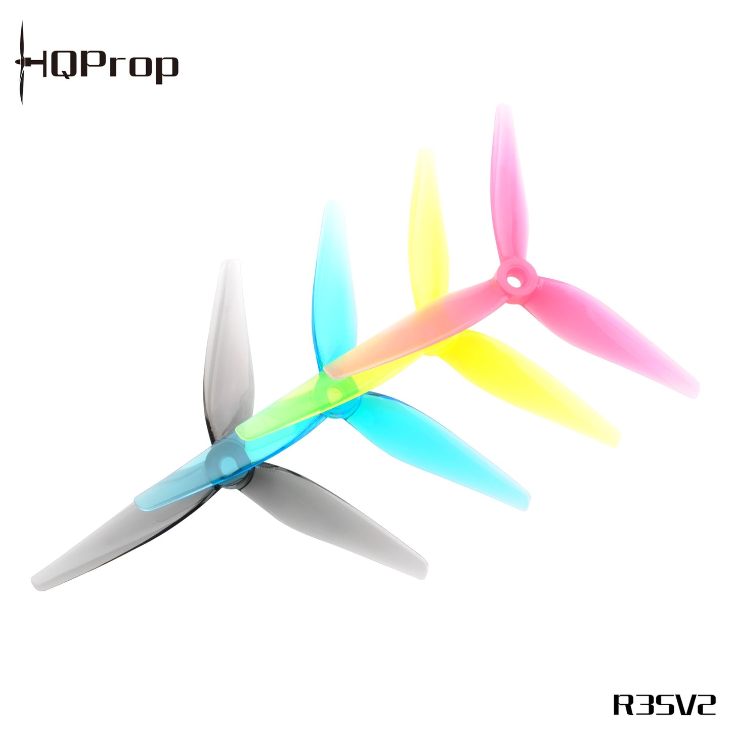 HQProp R35V2 3-blade drone propellers shown in stacked color set, top-down view