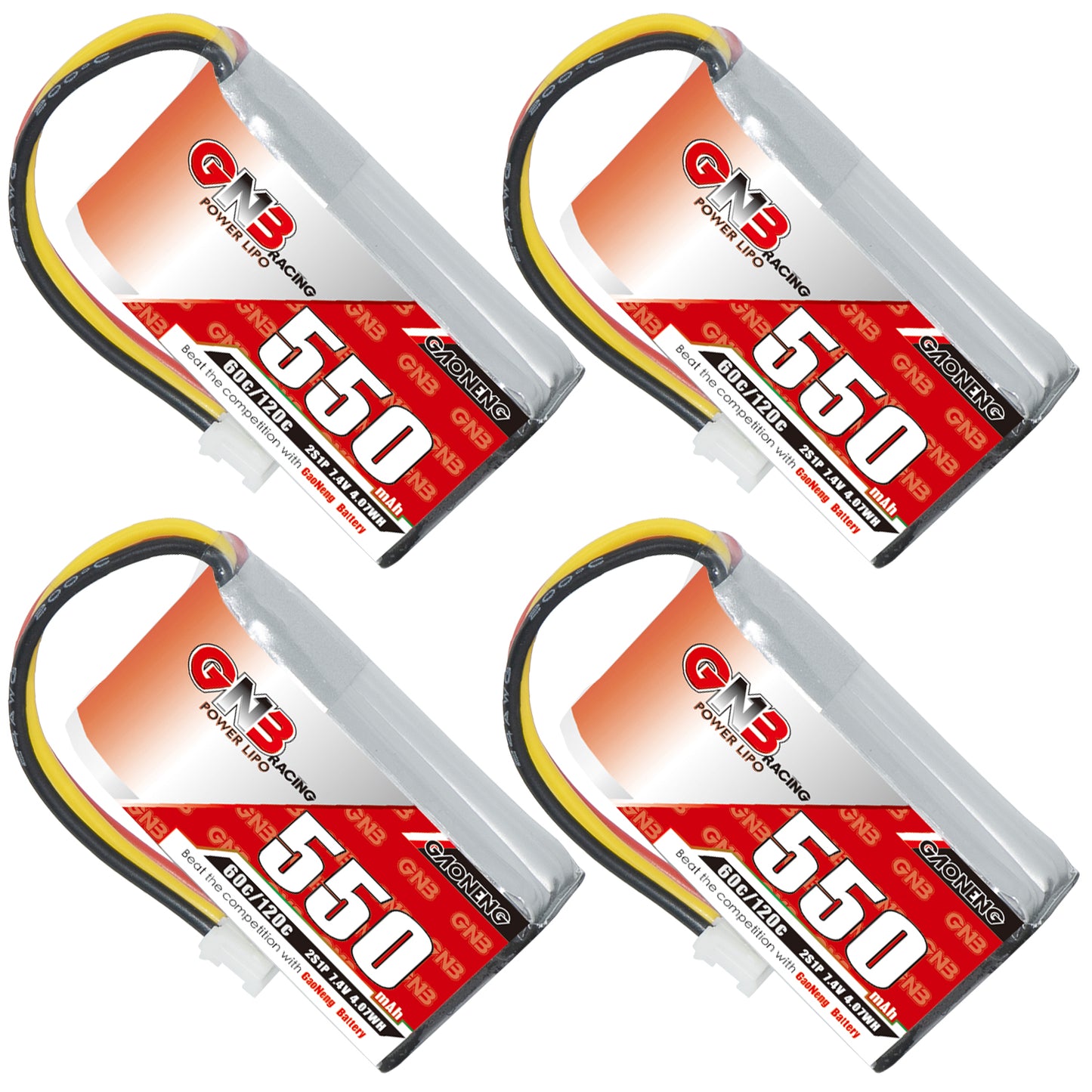 Set of four GAONENG GNB 2S 7.4V 550mAh 60C LiPo batteries with PH2.0 3-pin plug, angled view