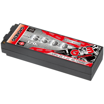 GNB 6500mAh 120C hard case LiPo battery, angled top view showing label and case shape