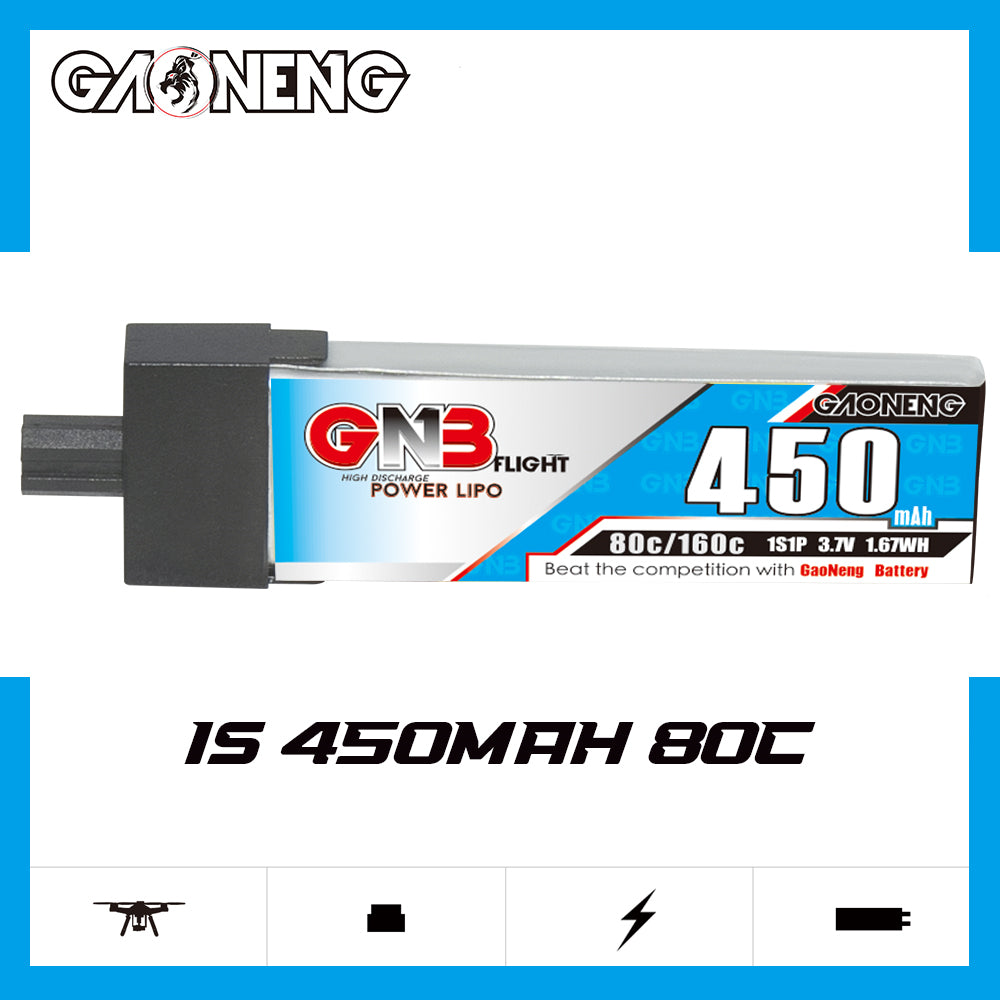 Side profile of GAONENG GNB 450mAh 1S LiPo pack showing 80C/160C and 3.7V label
