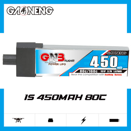 Side profile of GAONENG GNB 450mAh 1S LiPo pack showing 80C/160C and 3.7V label