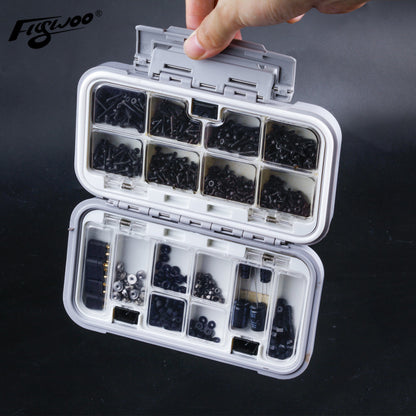 Flywoo M2 Hardware Pack for FPV Building, Flywoo M2 FPV hardware pack in a clear organizer case with assorted black screws, nuts, washers, and standoffs