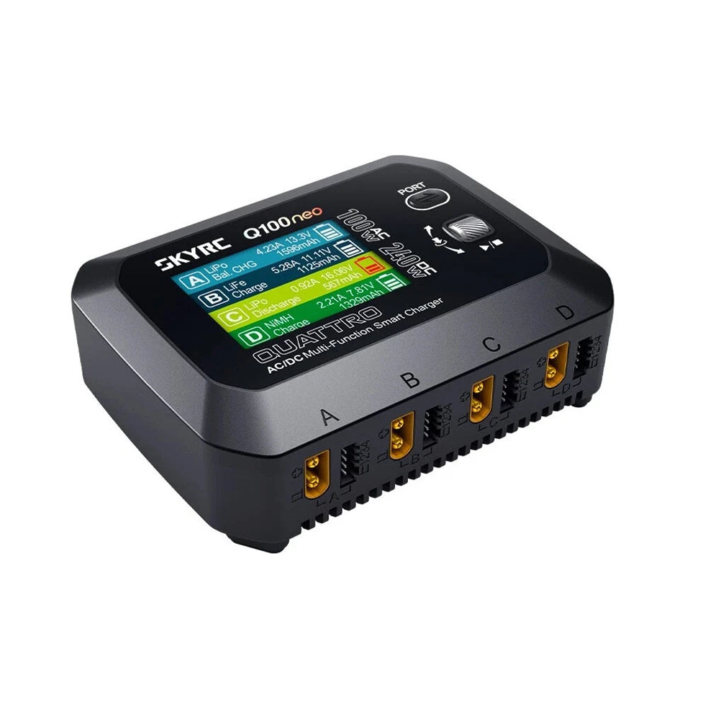 SkyRC Q100neo Smart Charger, SkyRC Q100neo smart battery charger with color display and four front charging ports labeled A, B, C and D