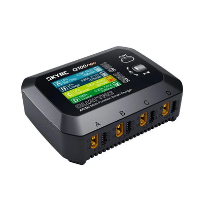 SkyRC Q100neo Smart Charger, SkyRC Q100neo smart battery charger with color display and four front charging ports labeled A, B, C and D