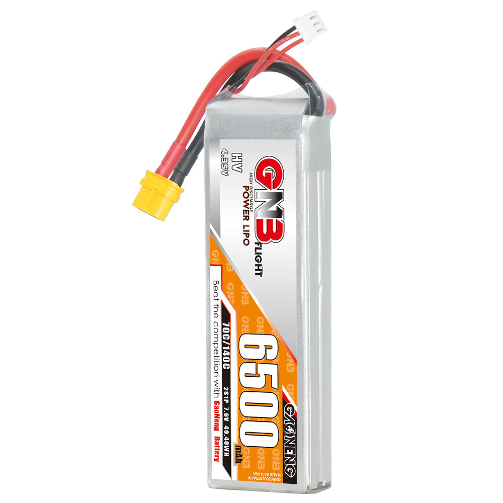 Upright view of GNB HV power LiPo 6500 battery with red/black leads, XT60 plug and balance connector