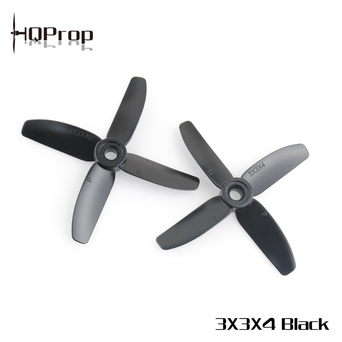 HQProp 3X3X4 Black propellers product graphic with HQProp logo, showing two 4-blade props on white