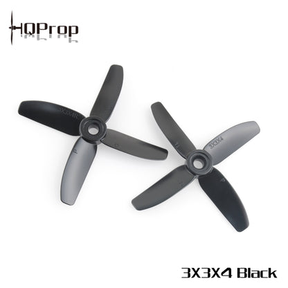 HQProp 3X3X4 Black propellers product graphic with HQProp logo, showing two 4-blade props on white