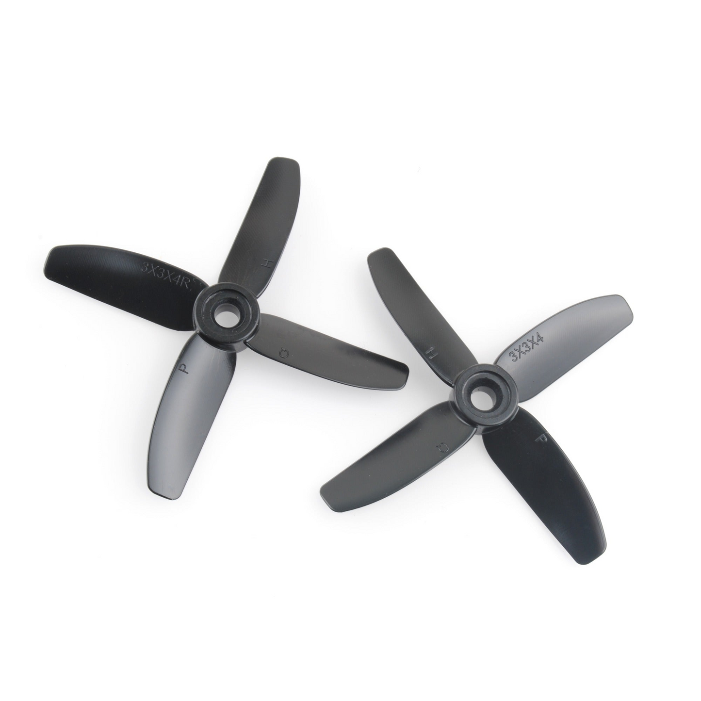 HQProp 3X3X4 3-inch 4-blade polycarbonate drone propellers, black pair shown on white background