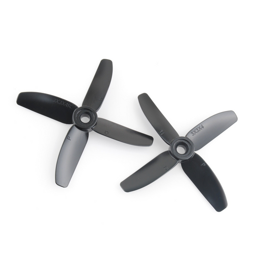 HQProp 3X3X4 3-inch 4-blade polycarbonate drone propellers, black pair shown on white background